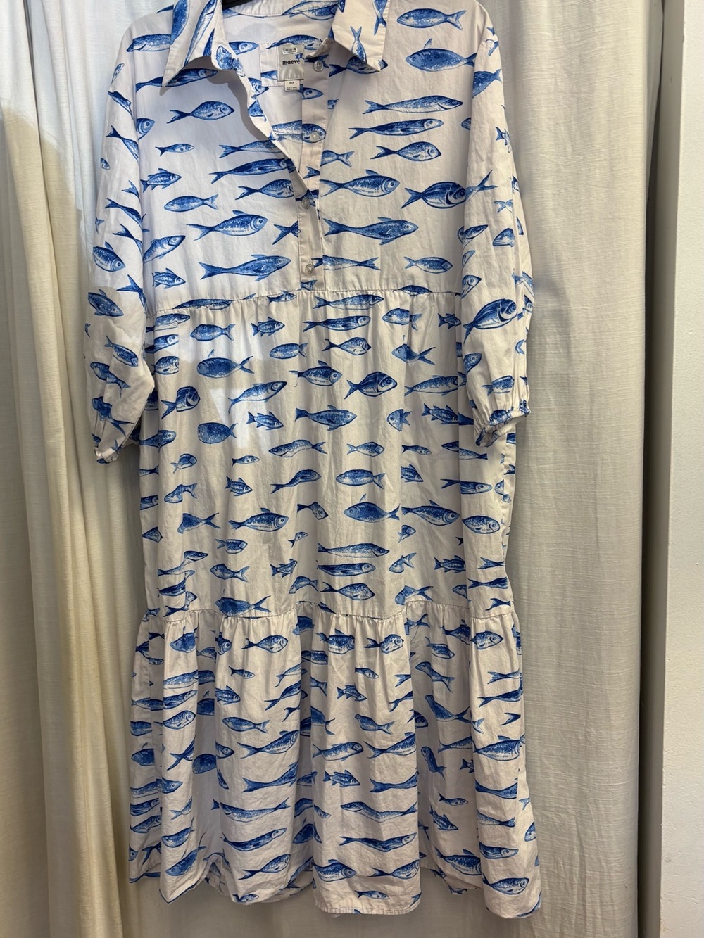 Maeve Bettina White & Blue Fish-Print Tiered Shirt Dress - Picture 5 of 13